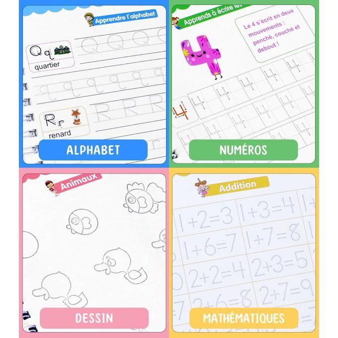 4 Livres magique Cahier Ecriture en Français pour enfant, Réutilisable, Apprentissage Alphabet Numéro Mathématique dessin enfant