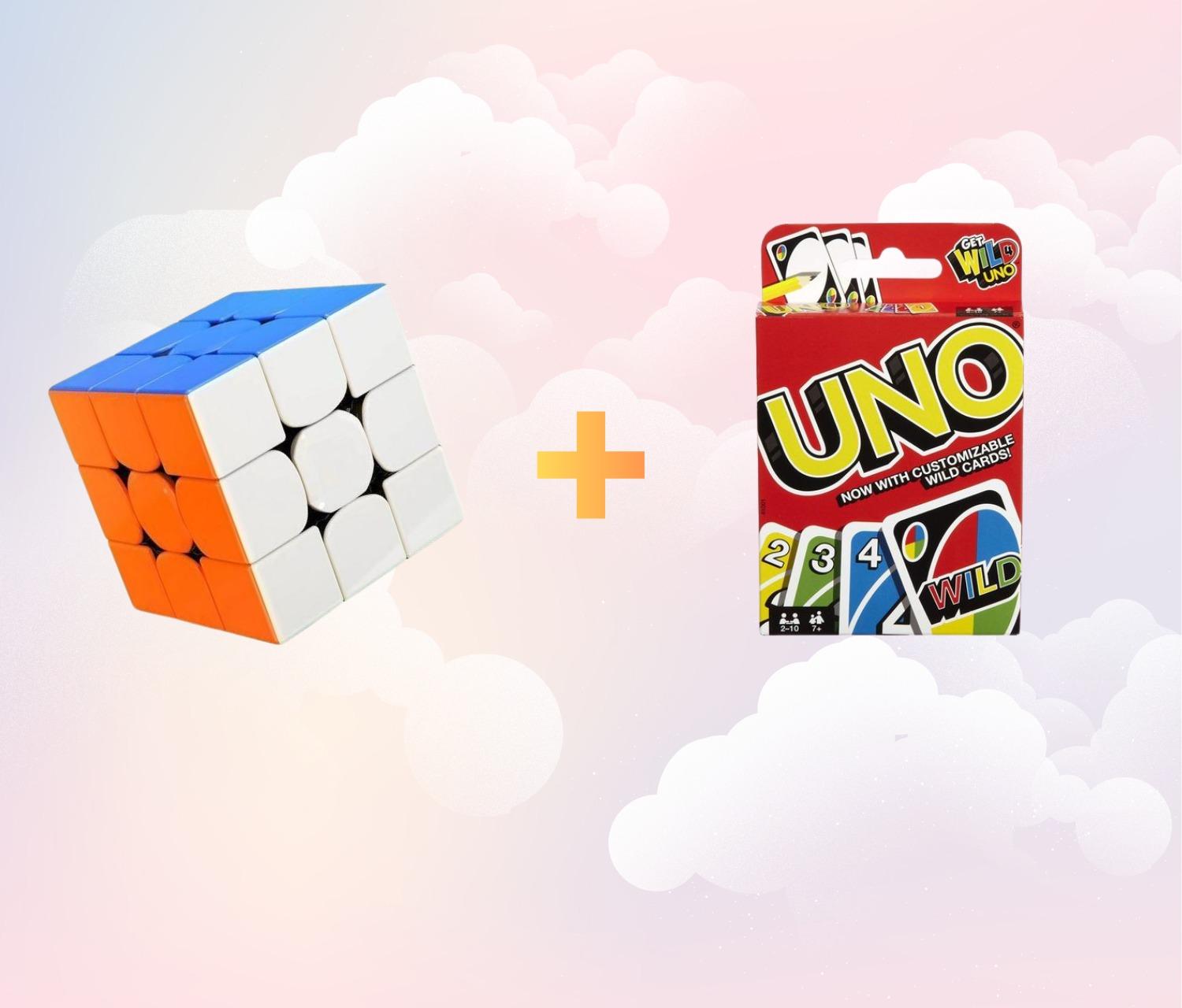 Pack Jeux 2 en 1 – UNO + Cube Rubik – Jeu de Cartes et Jeu de Réflexion