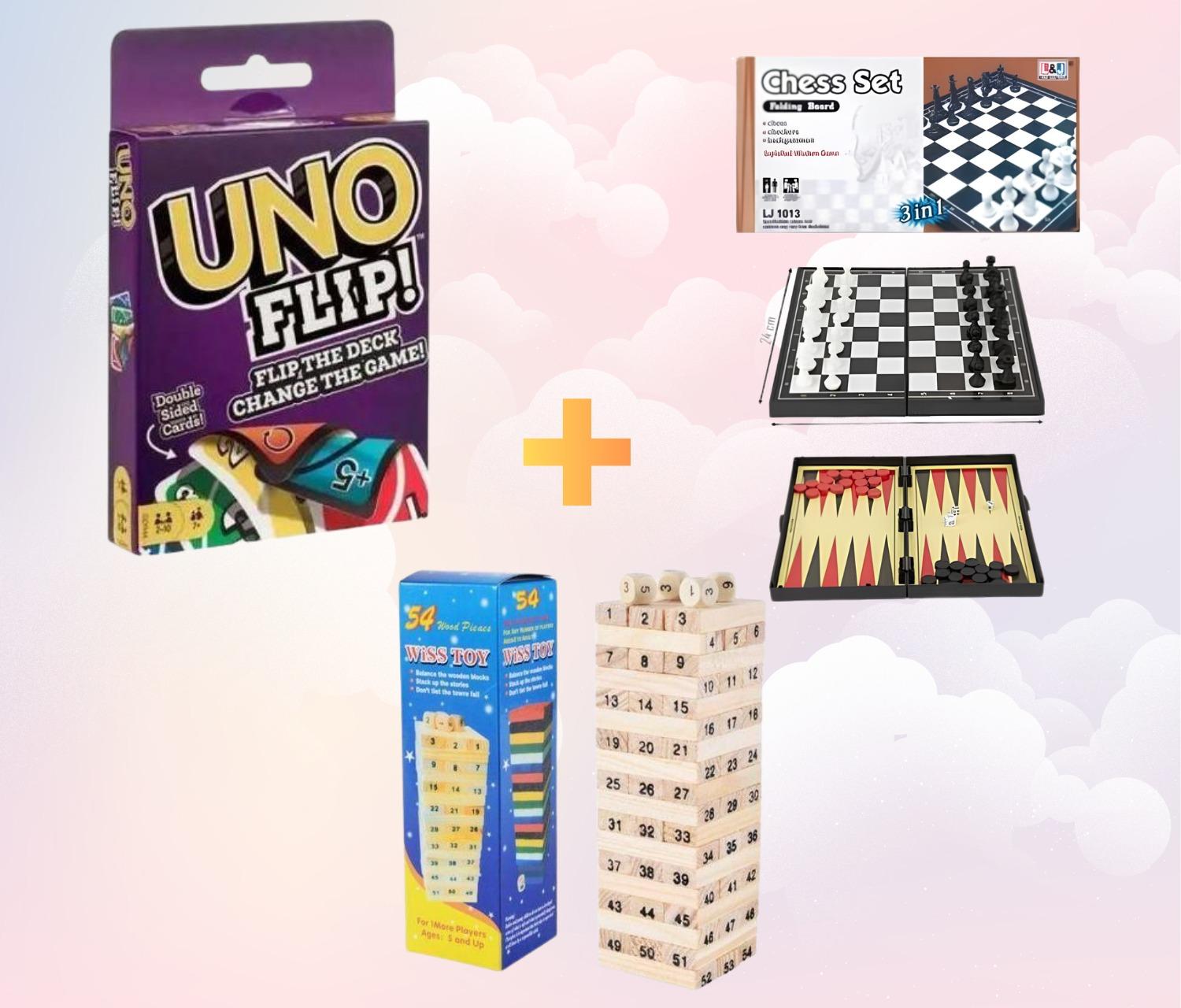 Pack Jeux 3 en 1 – UNO Flip + Jenga + Échecs – Jeux de Société, Stratégie et Adresse