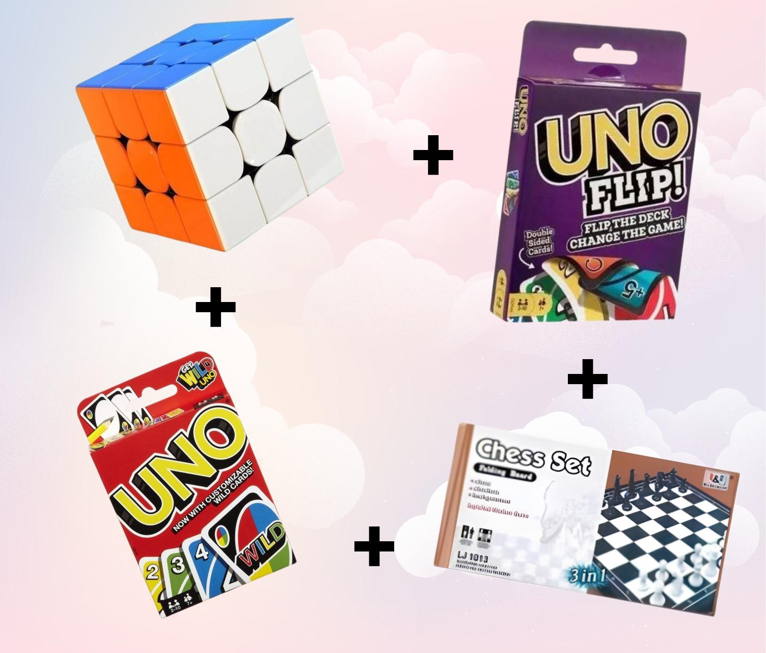 Pack Jeux 4 en 1 – UNO + UNO Flip + Échecs + Cube Rubik – Jeux de Société