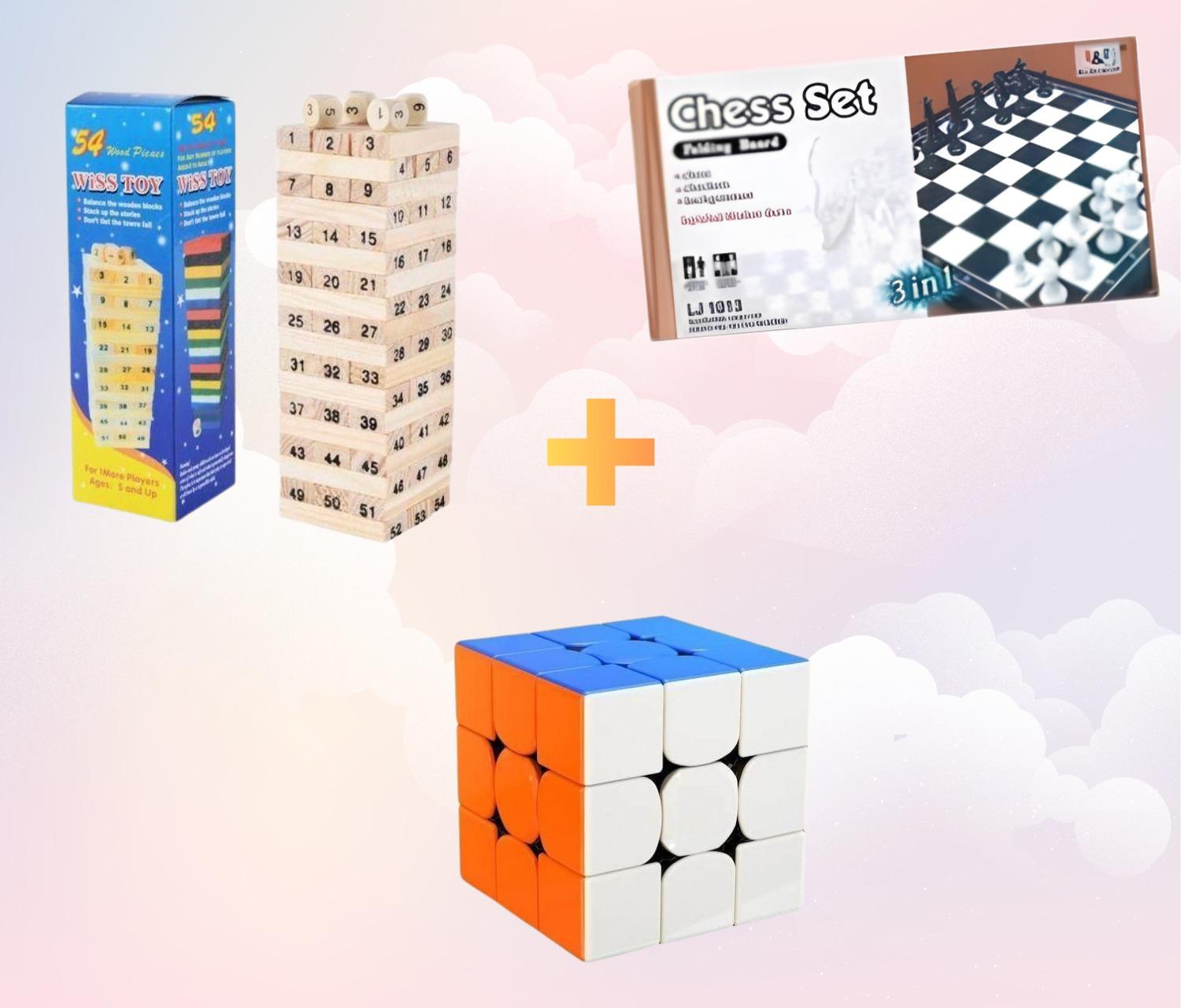 Pack Jeux 3 en 1 – Échecs + Jenga + Cube Rubik – Jeux de Société et de Réflexion