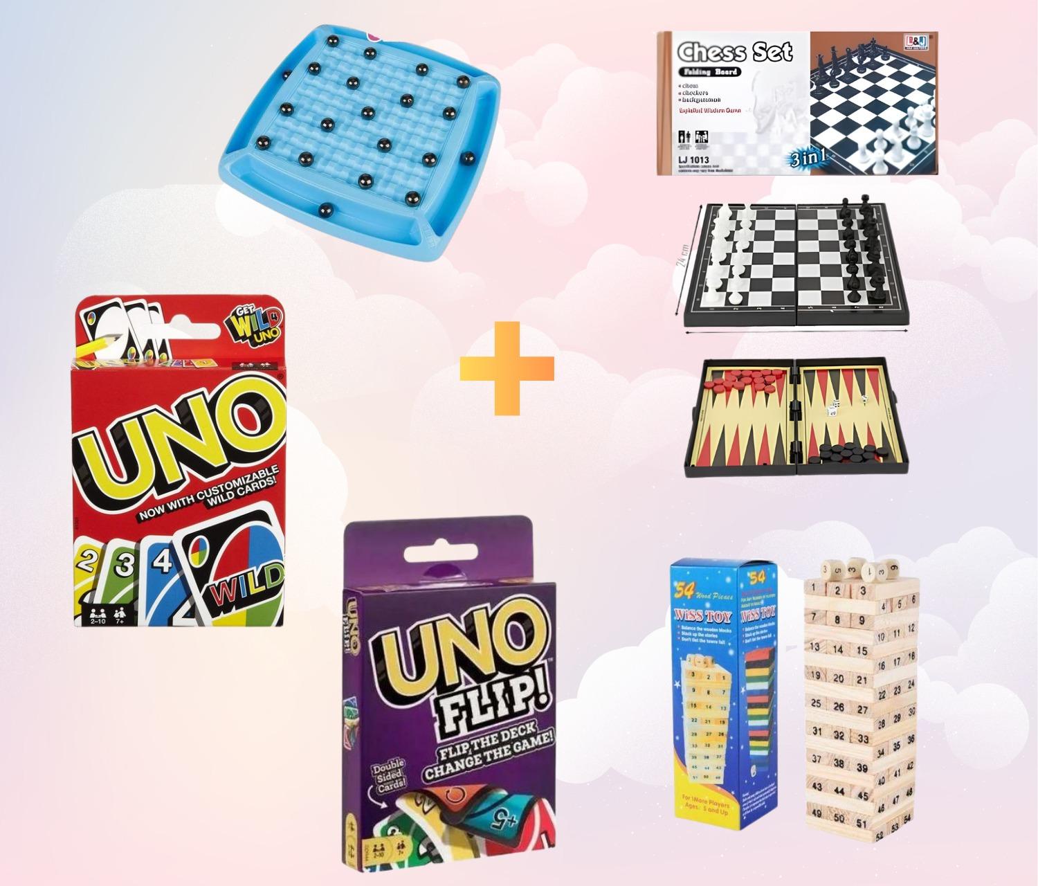 Pack Jeux 5 en 1 – UNO + UNO Flip + Jenga + Échecs + Magnetic Chess Game