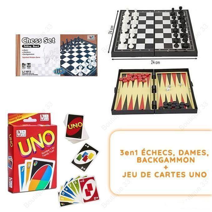 Pack 4 en 1 UNO + Échecs + Dames + Backgammon – Jeu de Société Familial